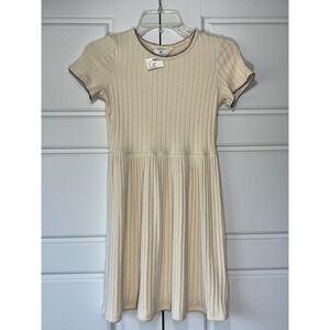 NWT H&M Girls Cream Ribbed‎ Knit Dress Black Trim Short Sleeve Size 8/10